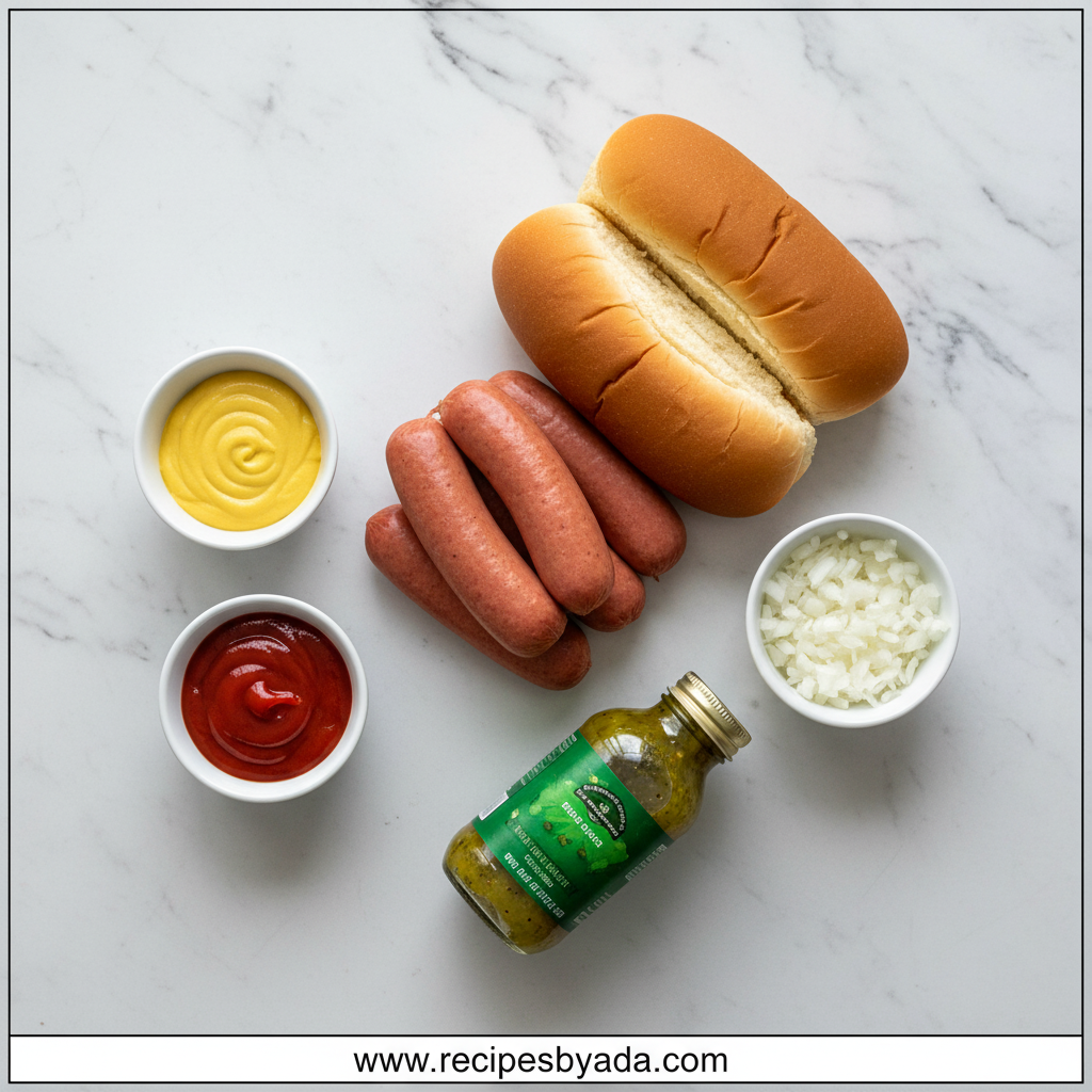 Ingredients for making various hot dog styles