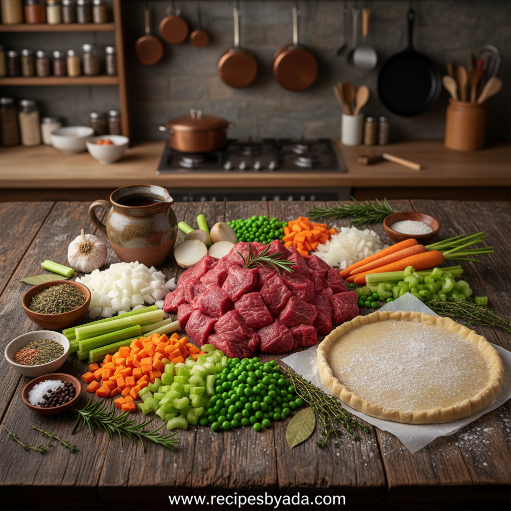 Ingredients for homemade beef pot pie including beef, vegetables, and pastry