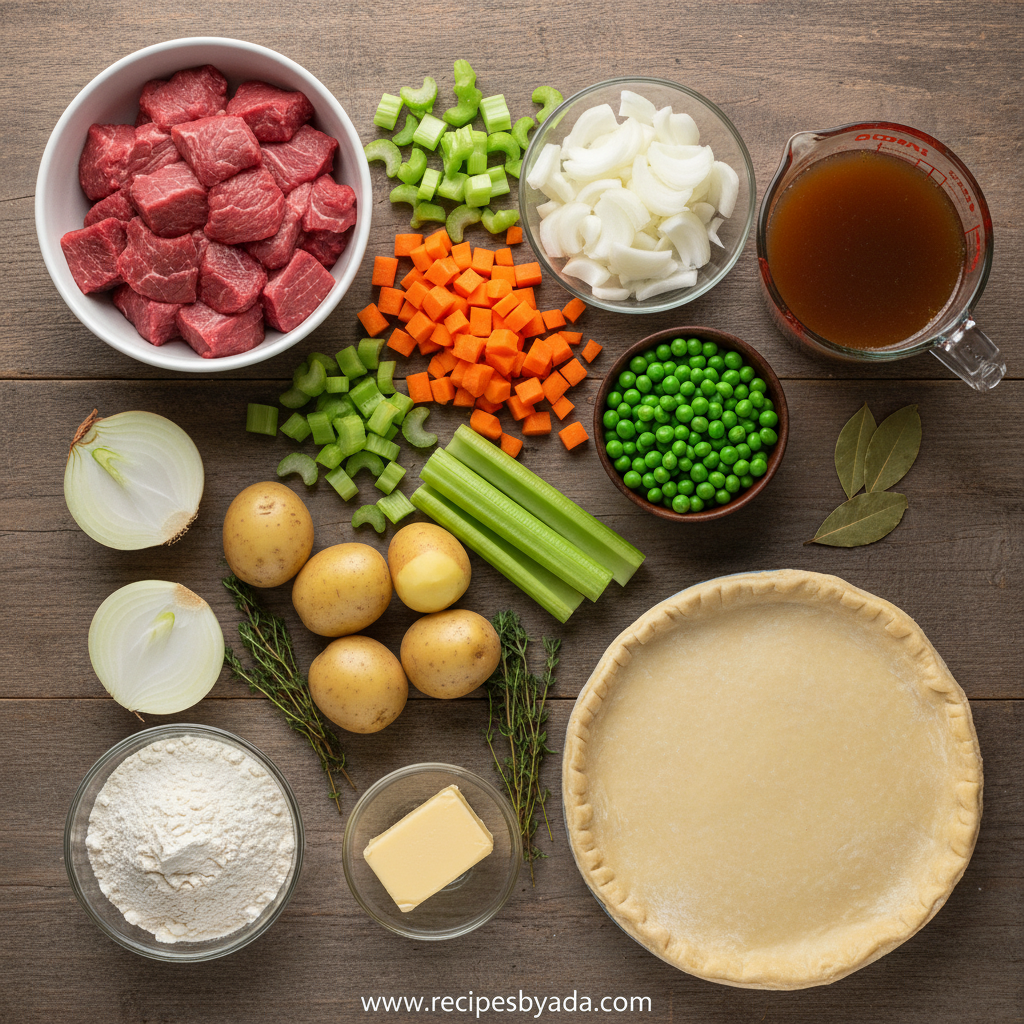 Fresh ingredients for beef pot pie including beef, vegetables, and pastry