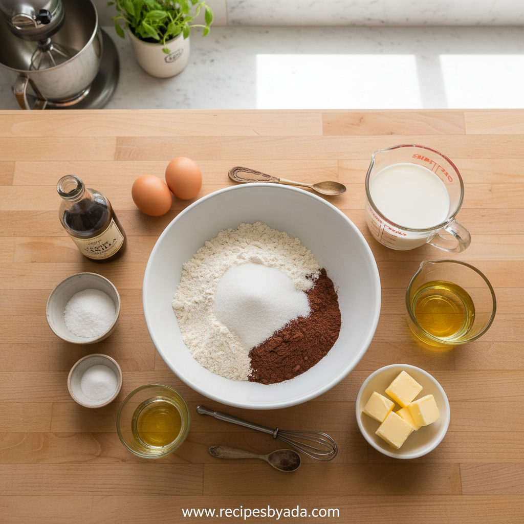 Ingredients for brick street chocolate cake including flour, cocoa, sugar, and eggs