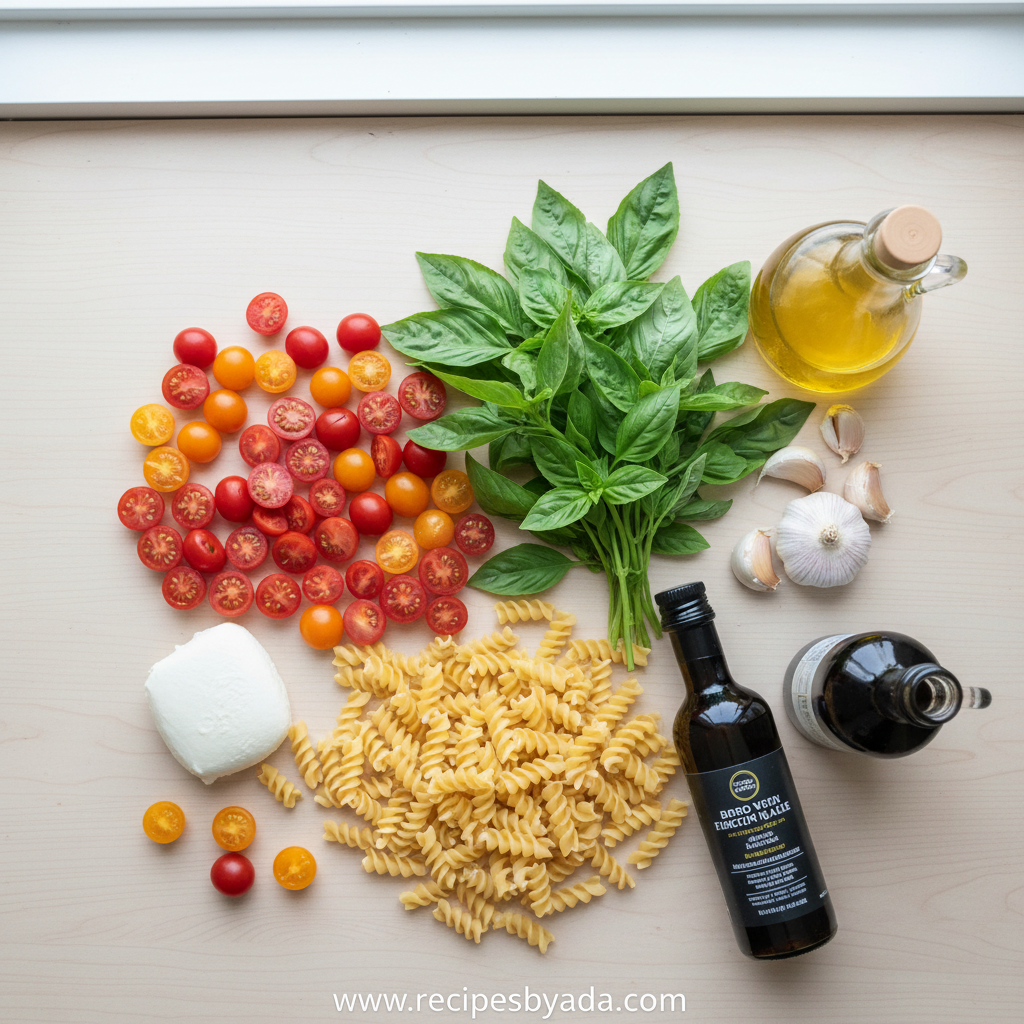 Ingredients for bruschetta pasta salad spread out on a table