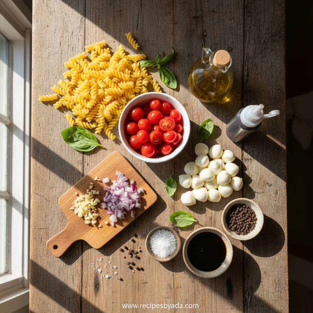 Fresh ingredients for bruschetta pasta salad including tomatoes, basil, pasta, and mozzarella