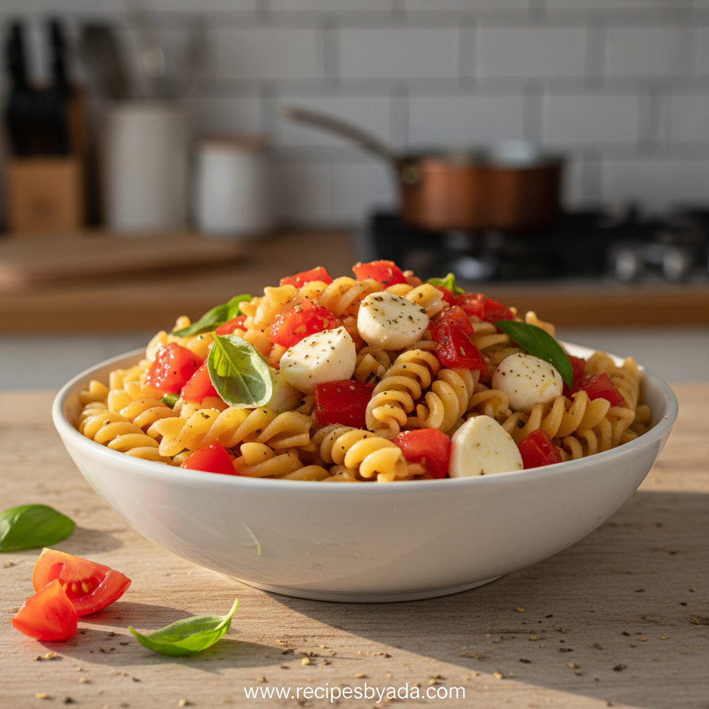 Beautiful bruschetta pasta dish with fresh tomatoes, basil, and pasta