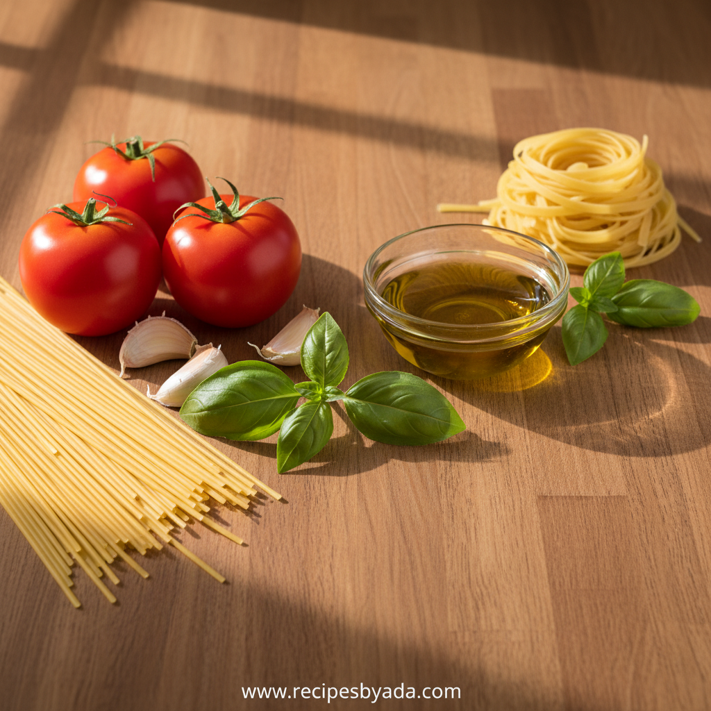 Fresh ingredients for bruschetta pasta including tomatoes, basil, garlic and pasta