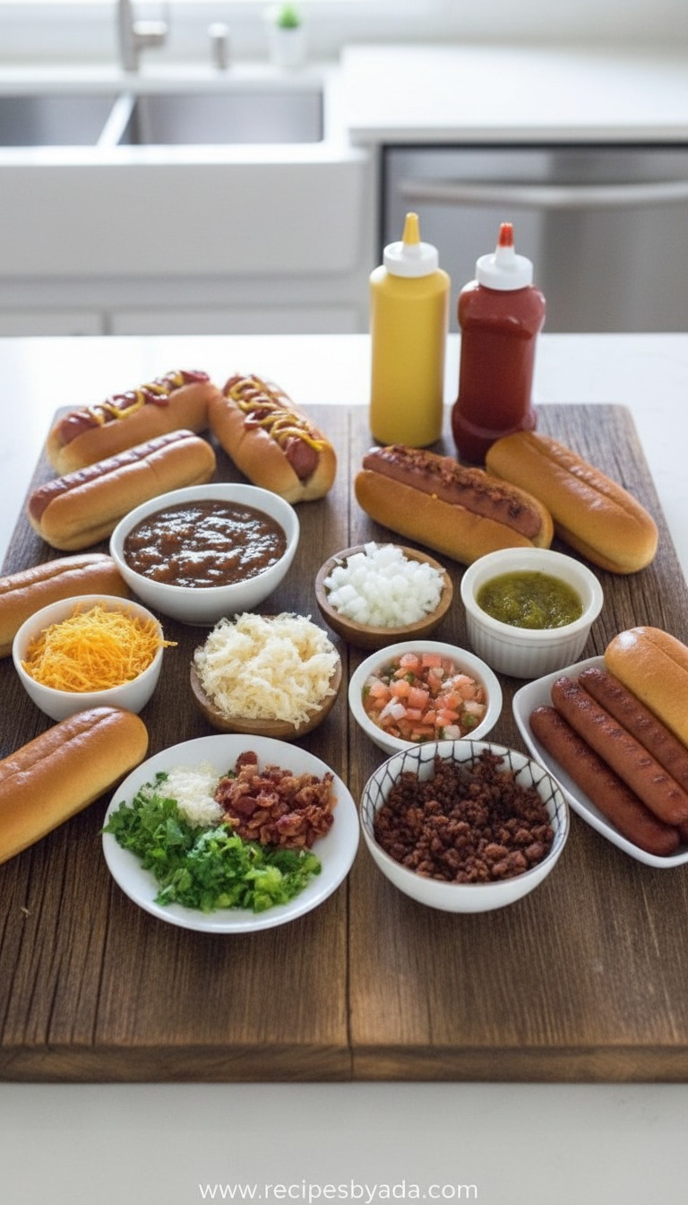 Assortment of hot dog bar ingredients and toppings