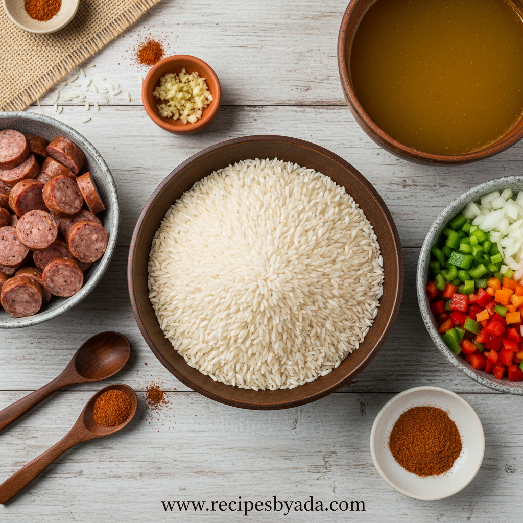 Ingredients for Cajun sausage rice skillet