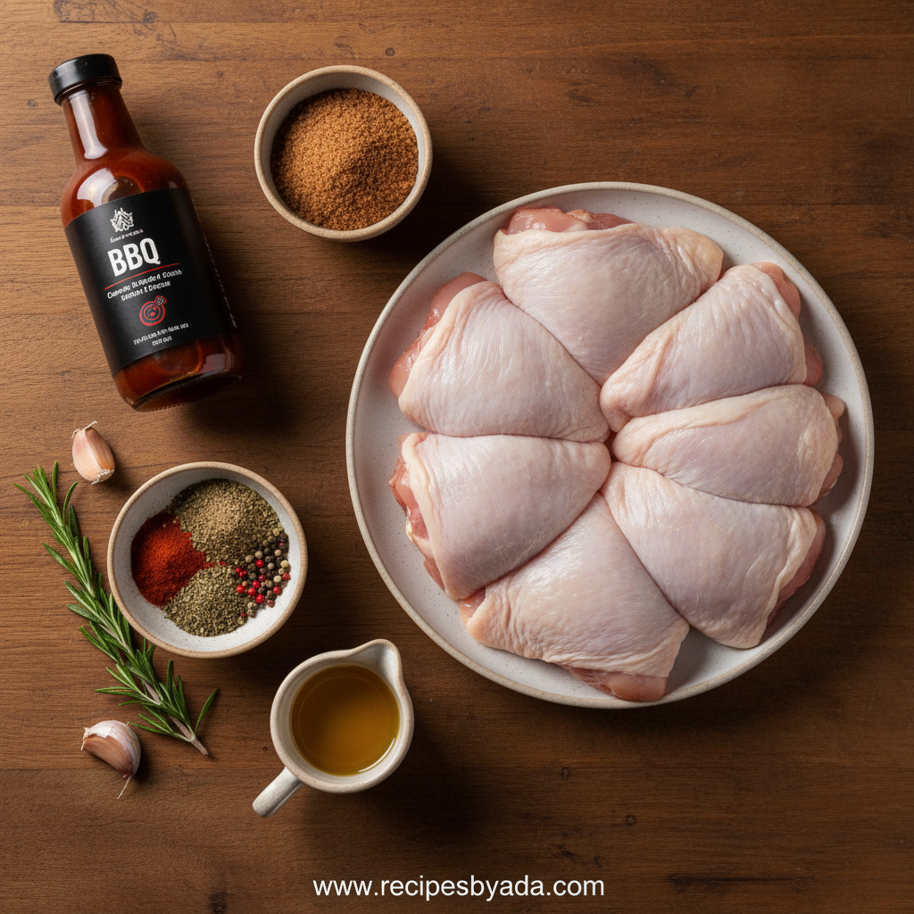 Ingredients for BBQ chicken thighs including chicken, BBQ sauce, and spices