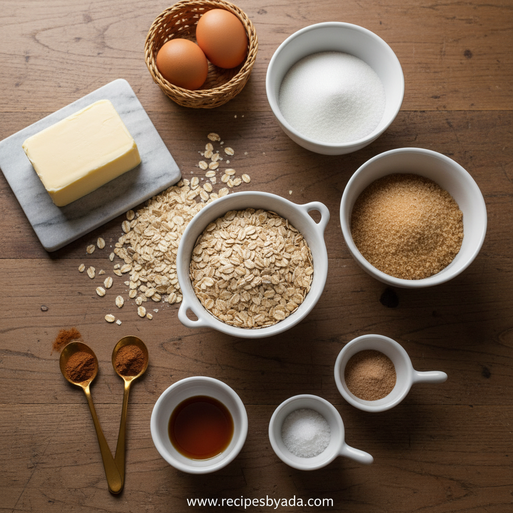 Ingredients for making chewy oatmeal cookies