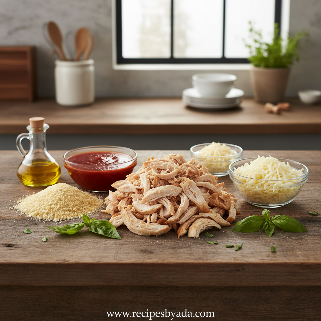 Ingredients for chicken parmesan casserole laid out on counter