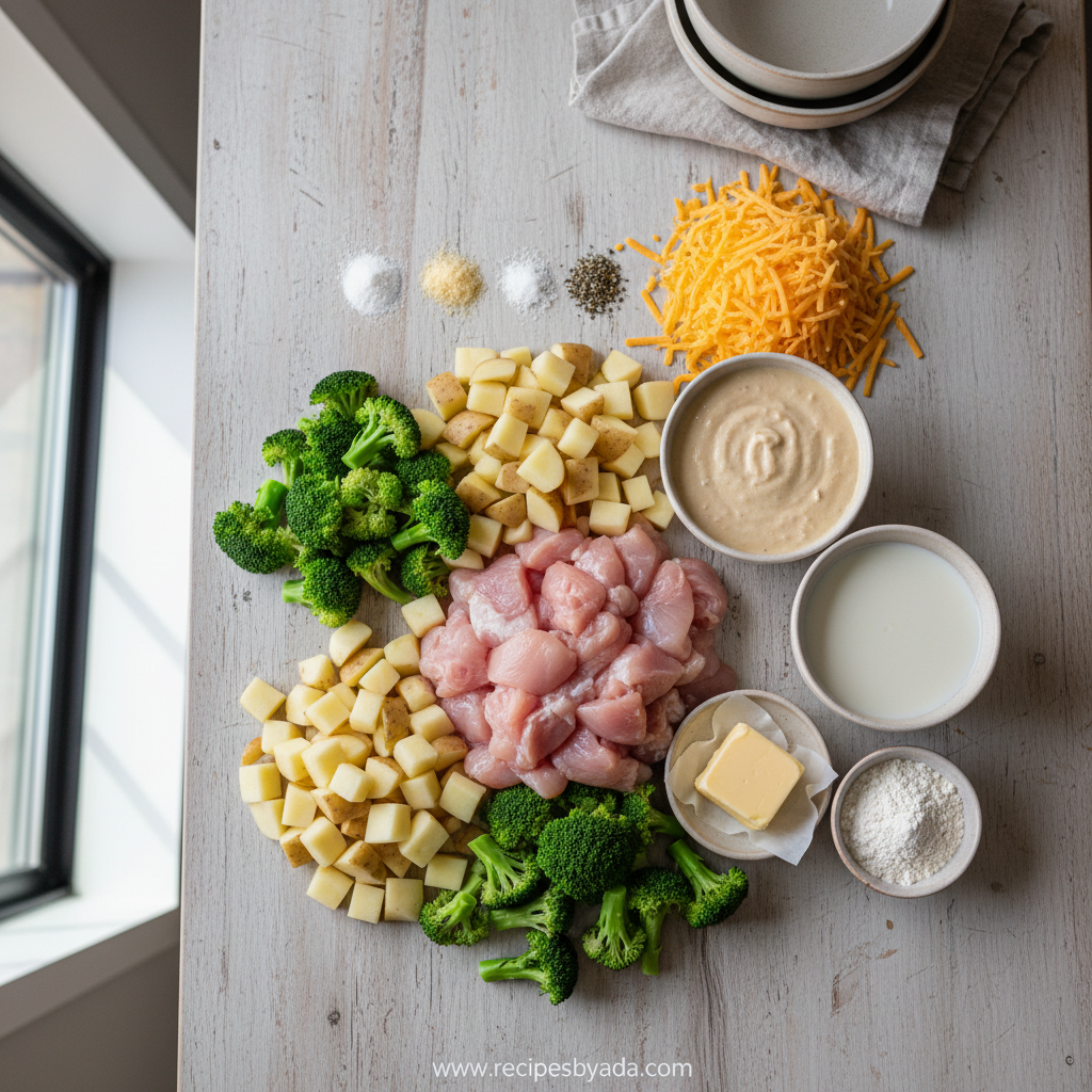 Ingredients for cheesy chicken potato broccoli casserole