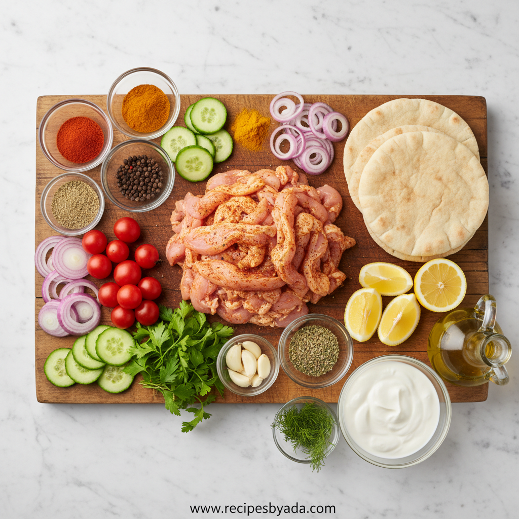 Shawarma ingredients including spices, yogurt, chicken, and fresh herbs