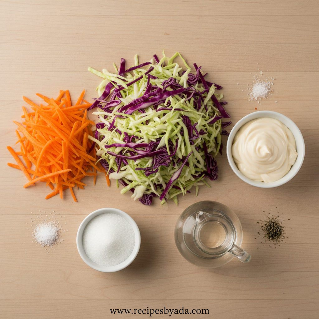 Fresh coleslaw ingredients including cabbage, carrots, mayonnaise, and seasonings