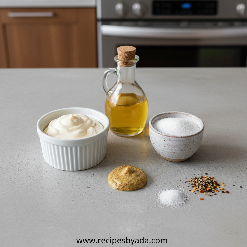 Ingredients for sweet tangy coleslaw dressing: mayonnaise, vinegar, sugar
