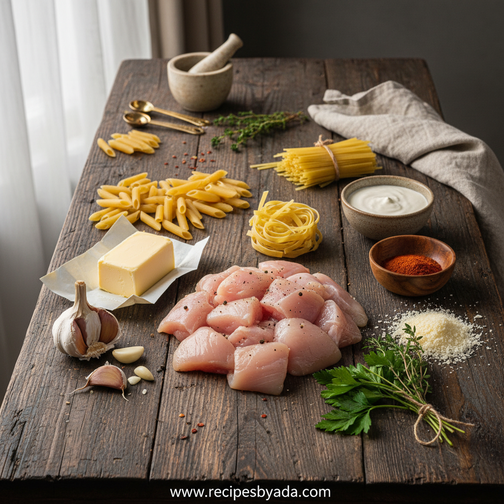 Ingredients for smoky garlic butter chicken pasta