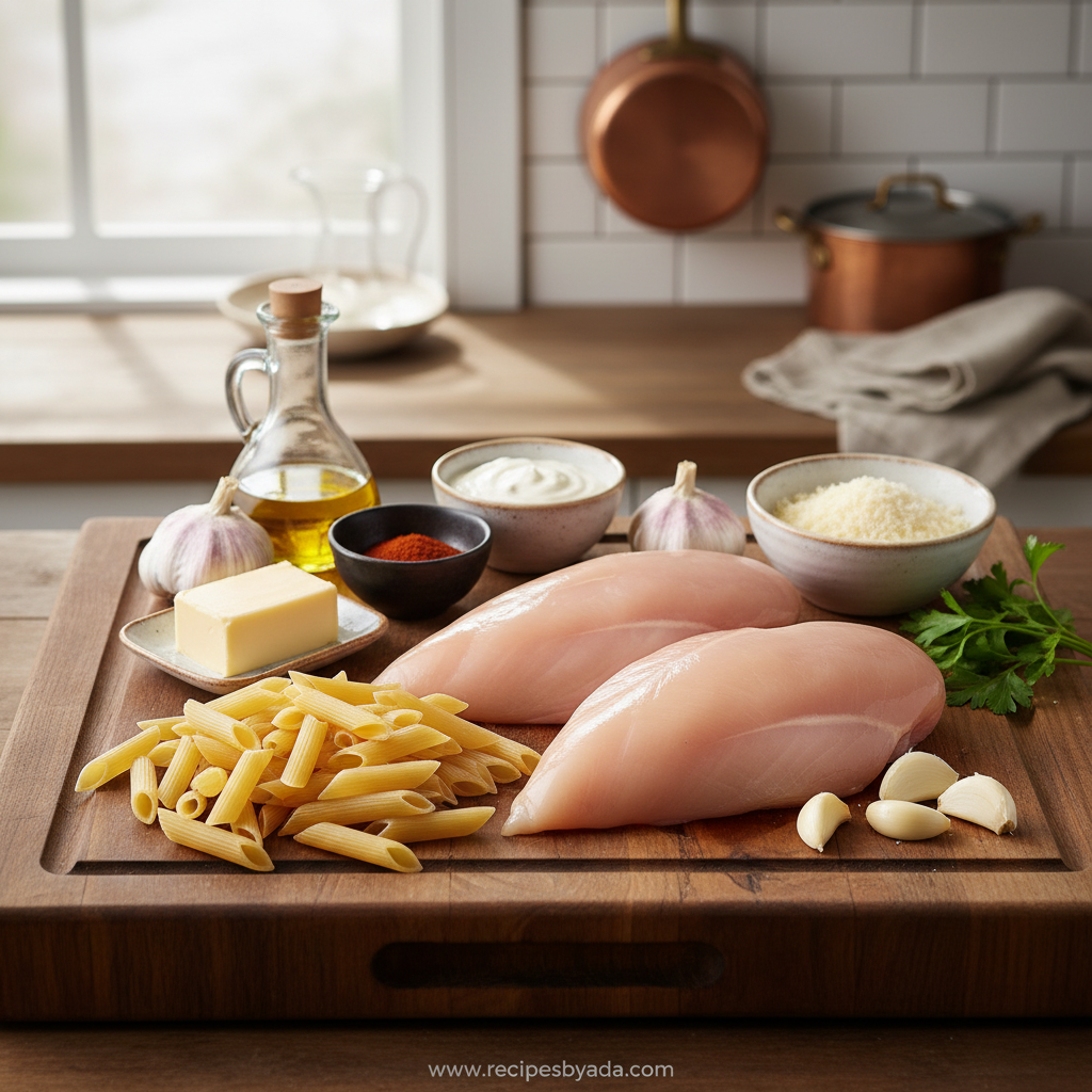 Ingredients for smoky garlic butter chicken pasta
