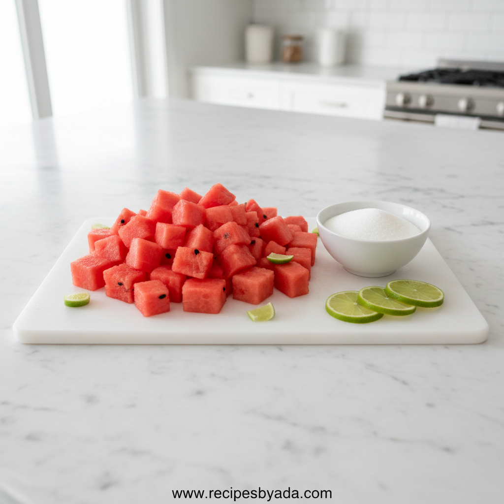 Fresh watermelon cubes, lime, honey and mint for sorbet ingredients