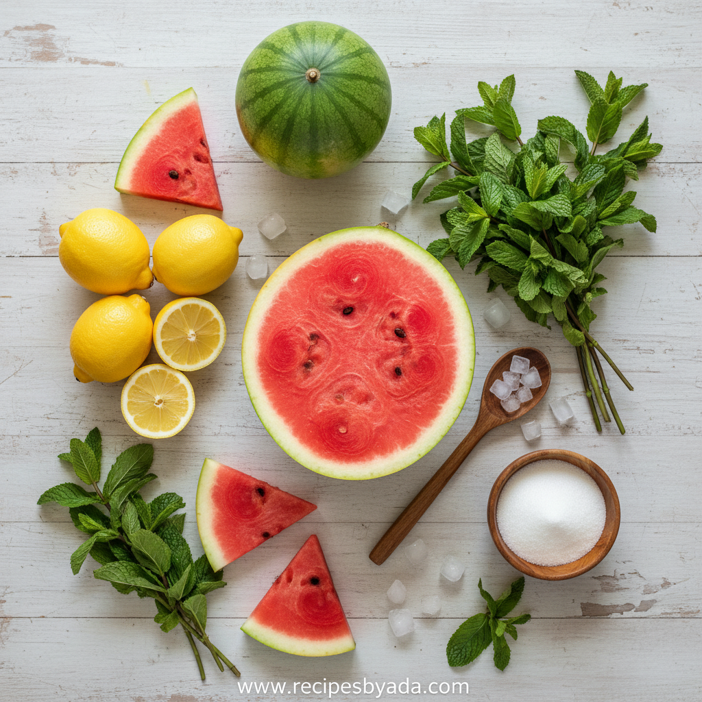 Fresh watermelon, lemons, mint leaves, and sugar for making lemonade