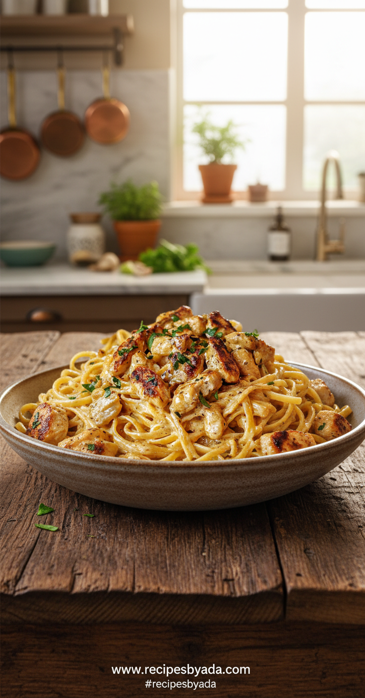 Creamy cowboy butter chicken linguine served in a white bowl with fresh parsley garnish