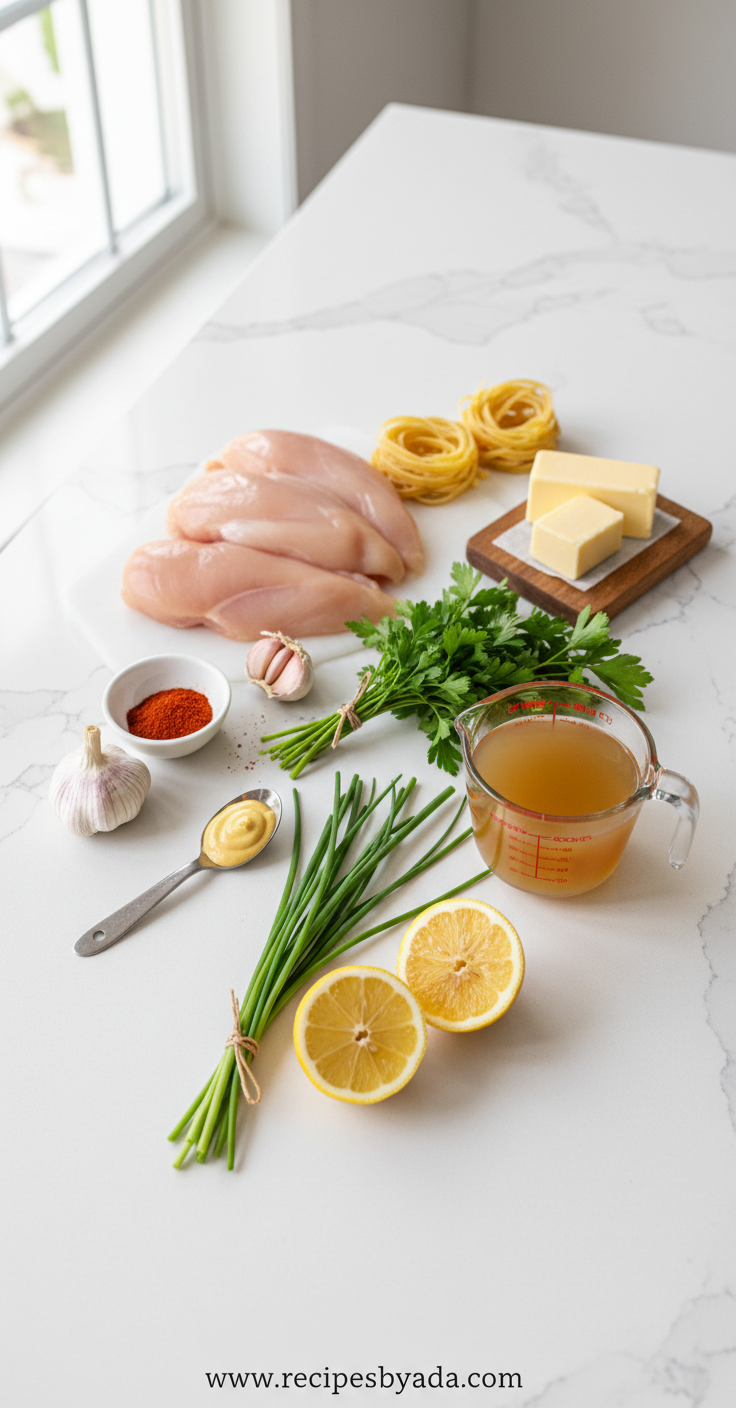 Fresh ingredients for cowboy butter chicken linguine including chicken, linguine, herbs, and spices