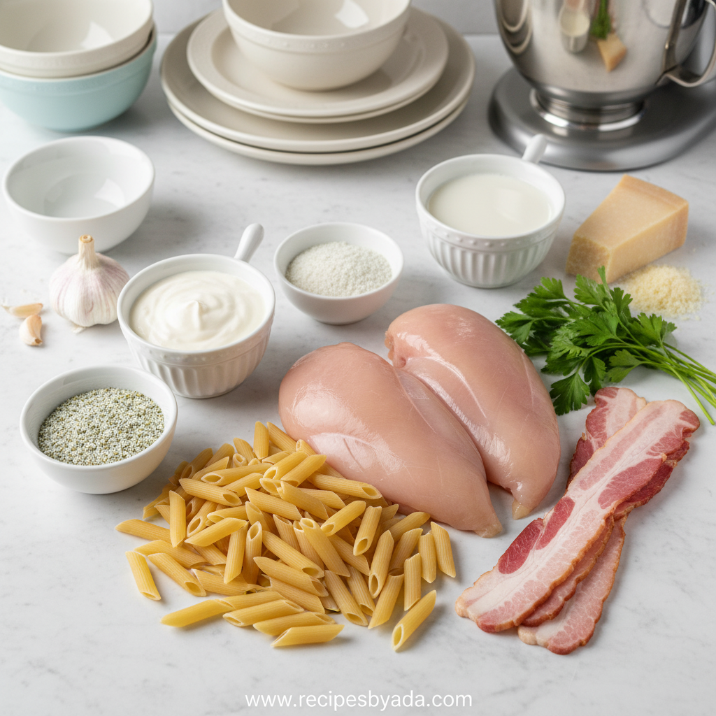 Ingredients for creamy chicken ranch pasta including pasta, chicken, beef bacon, and ranch seasoning