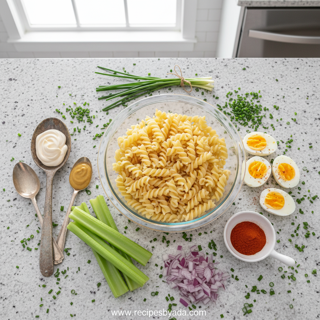 Ingredients for creamy deviled egg pasta salad
