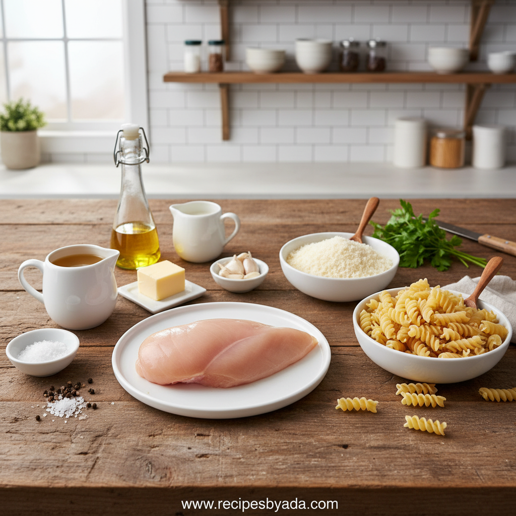 Ingredients for creamy garlic parmesan chicken pasta