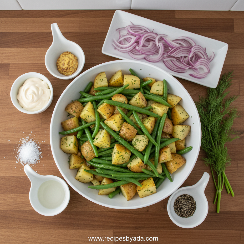 Ingredients for creamy green bean potato salad laid out on counter