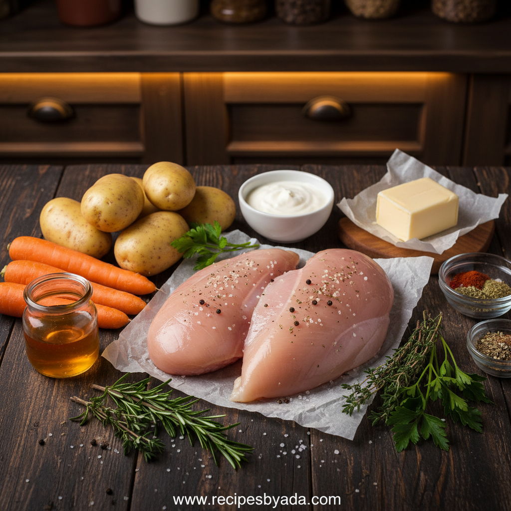 Ingredients for creamy herb chicken dinner with vegetables and seasonings