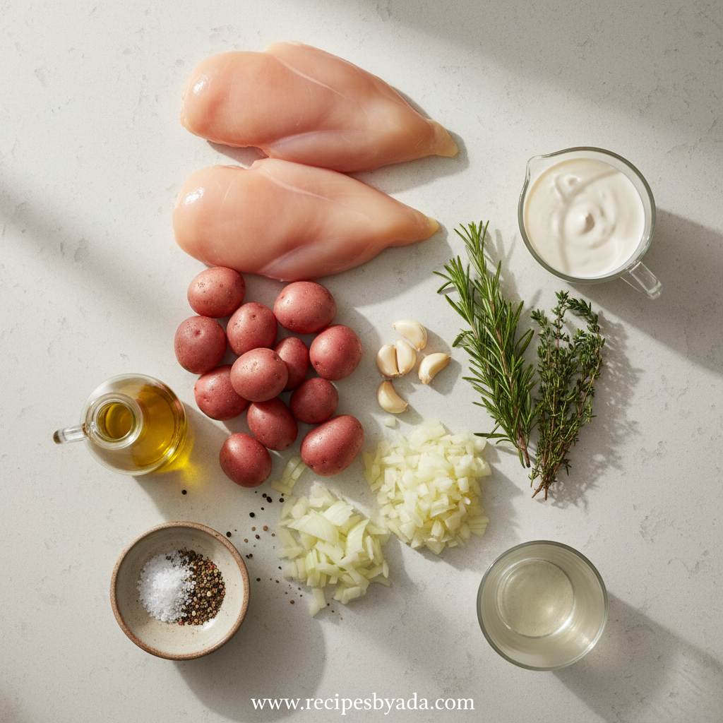 Ingredients for creamy herb chicken and roasted potatoes