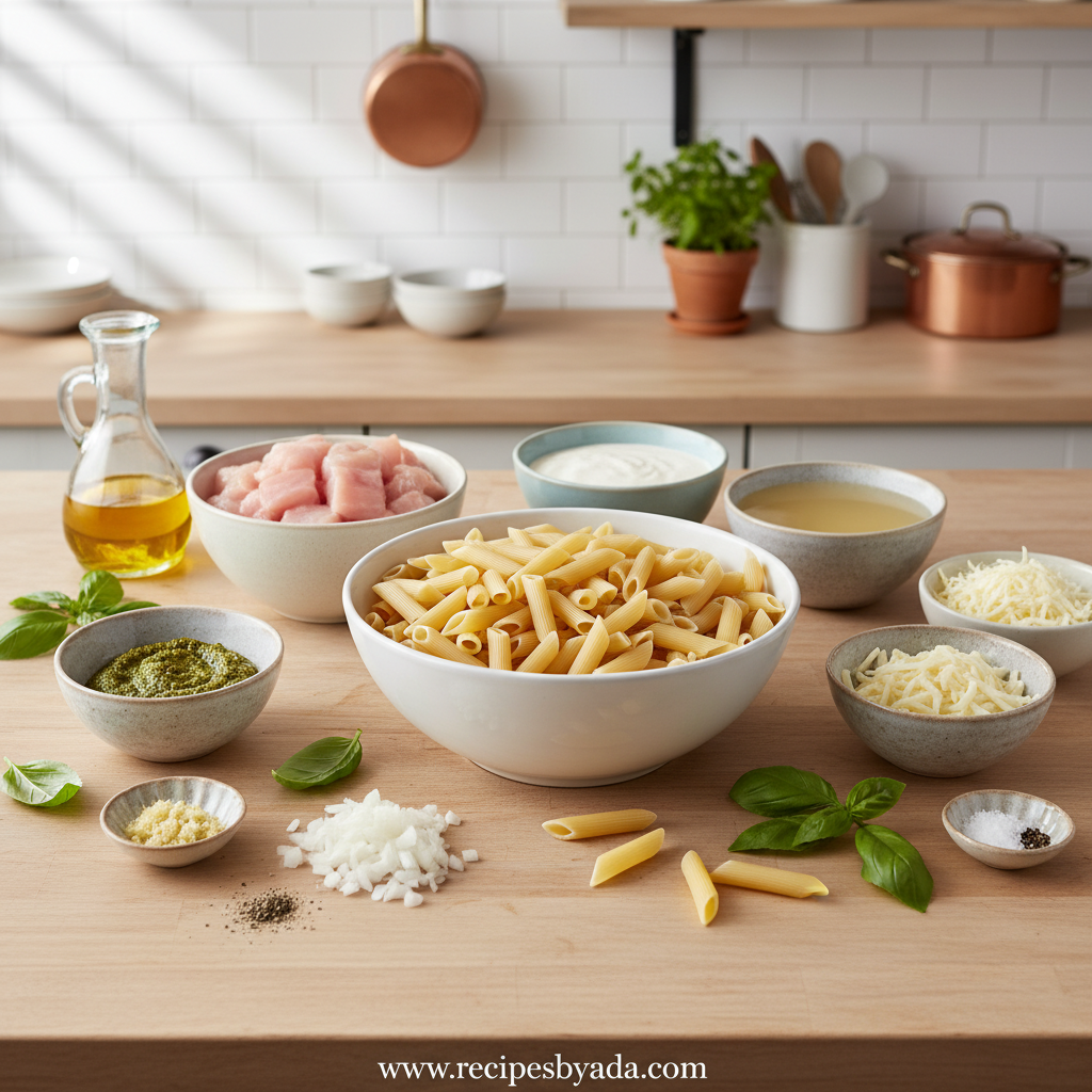 Ingredients for creamy pesto chicken pasta bake