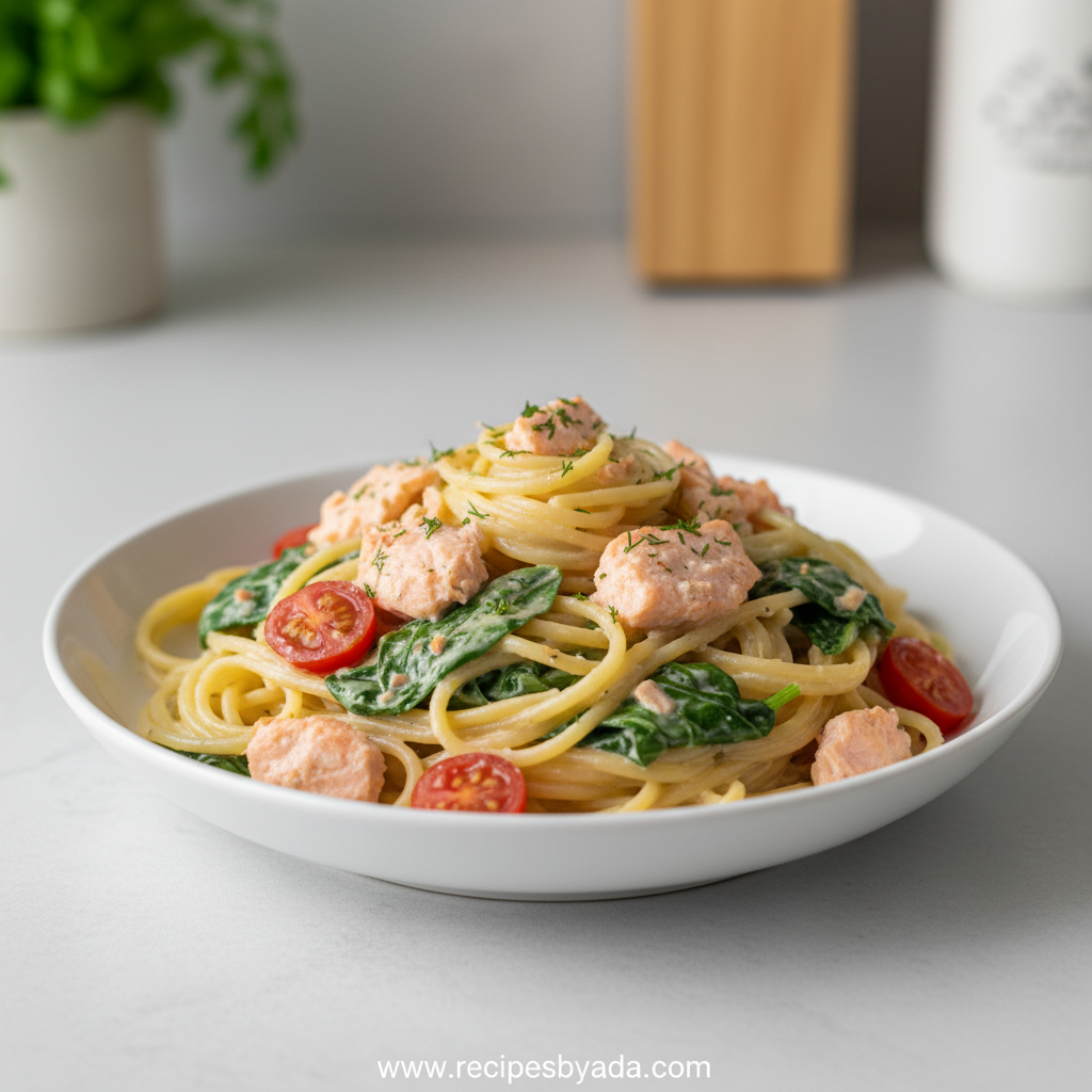Creamy salmon pasta with garlic sauce and fresh herbs