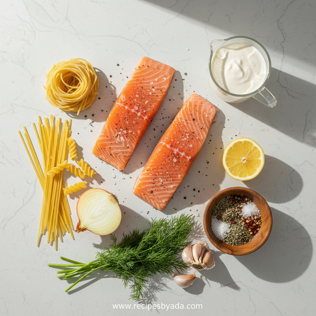 Ingredients for creamy salmon pasta recipe