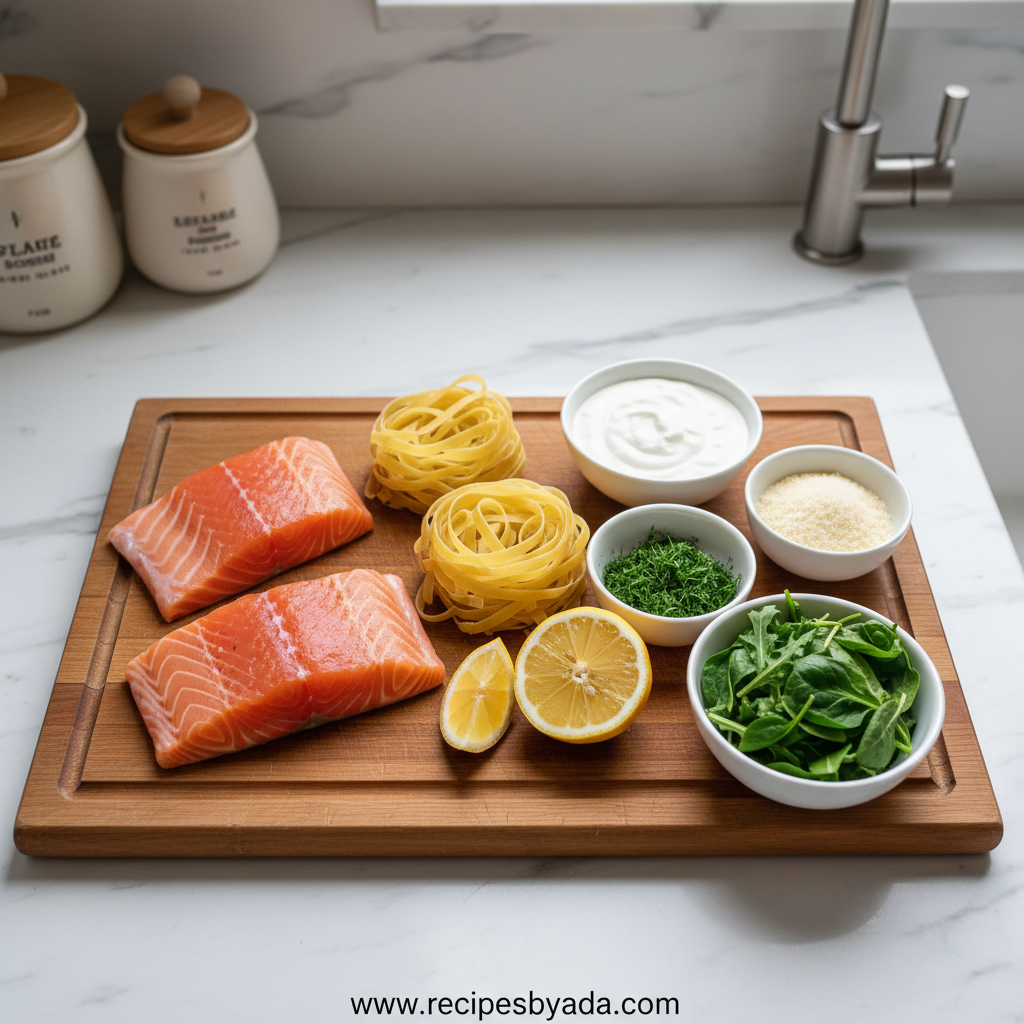 Ingredients for creamy salmon pasta with mixed greens recipe