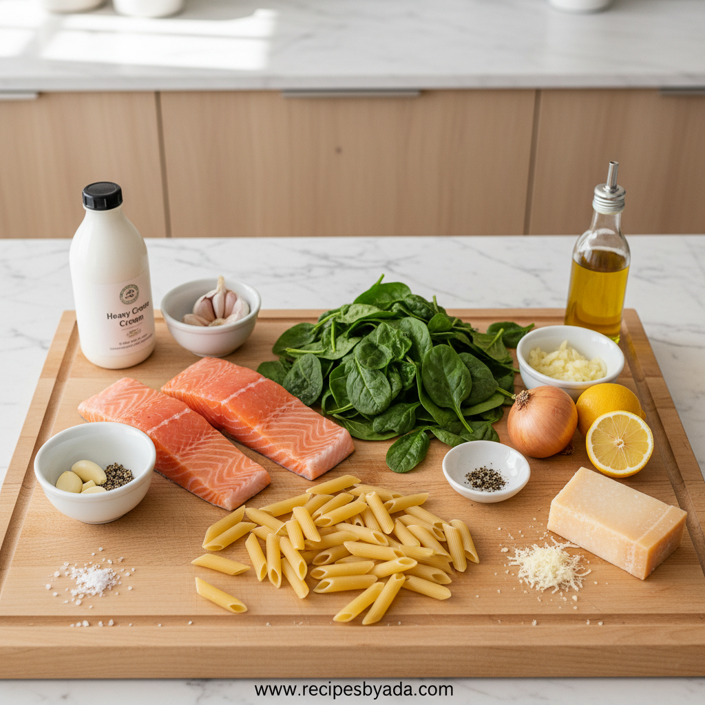 Ingredients for creamy salmon spinach pasta arranged on kitchen counter
