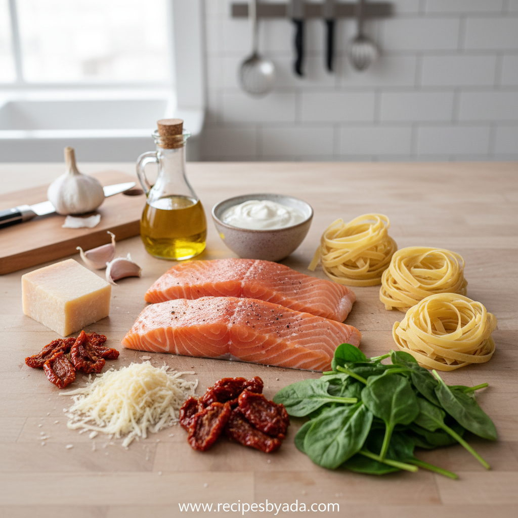 Ingredients for creamy Tuscan salmon pasta laid out on counter