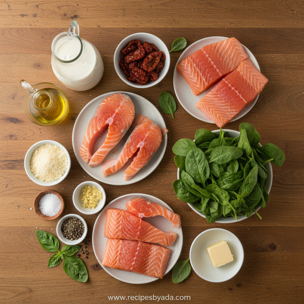 Ingredients for creamy Tuscan salmon