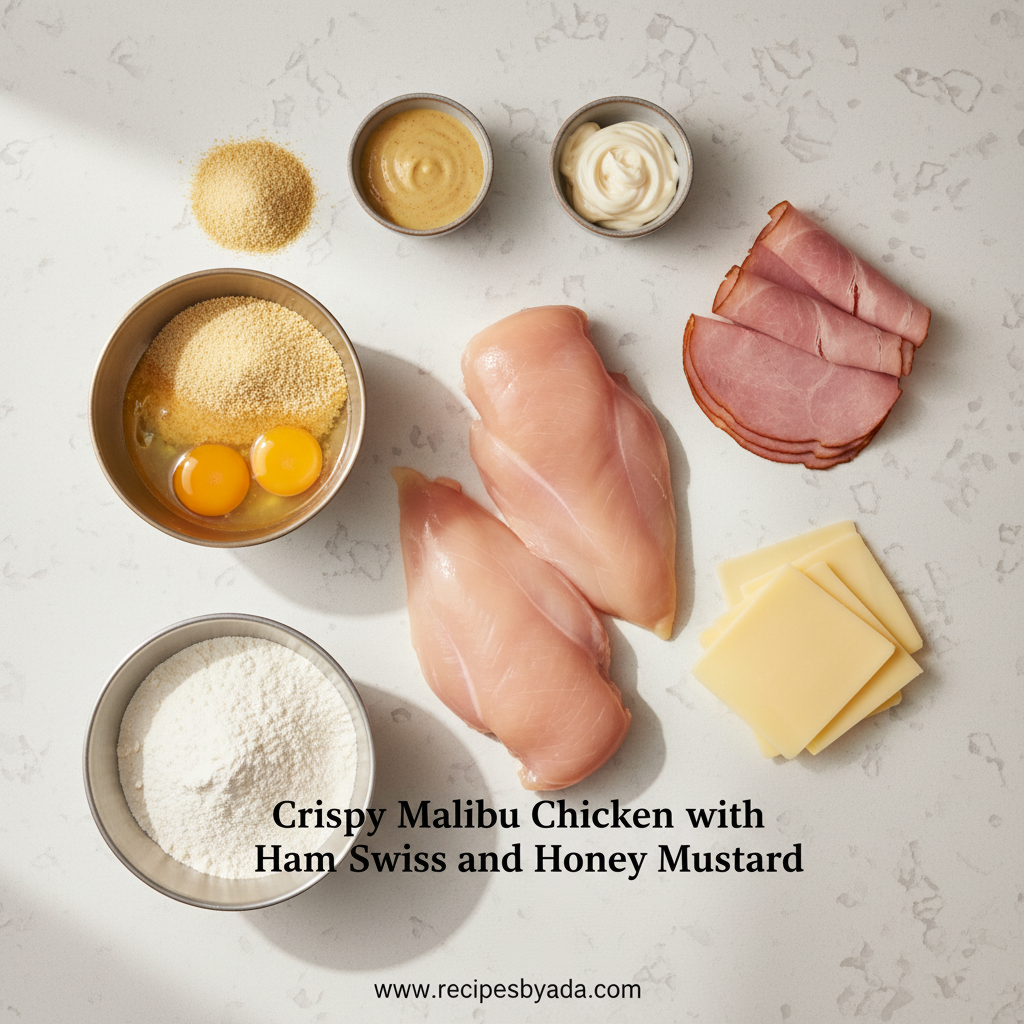 Ingredients for crispy Malibu chicken including chicken breasts, turkey slices, Swiss cheese, and honey mustard ingredients