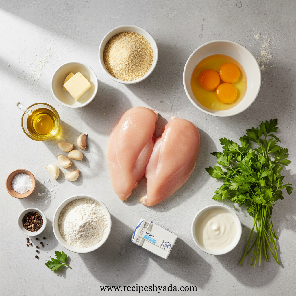 Ingredients for crispy parmesan chicken and garlic sauce