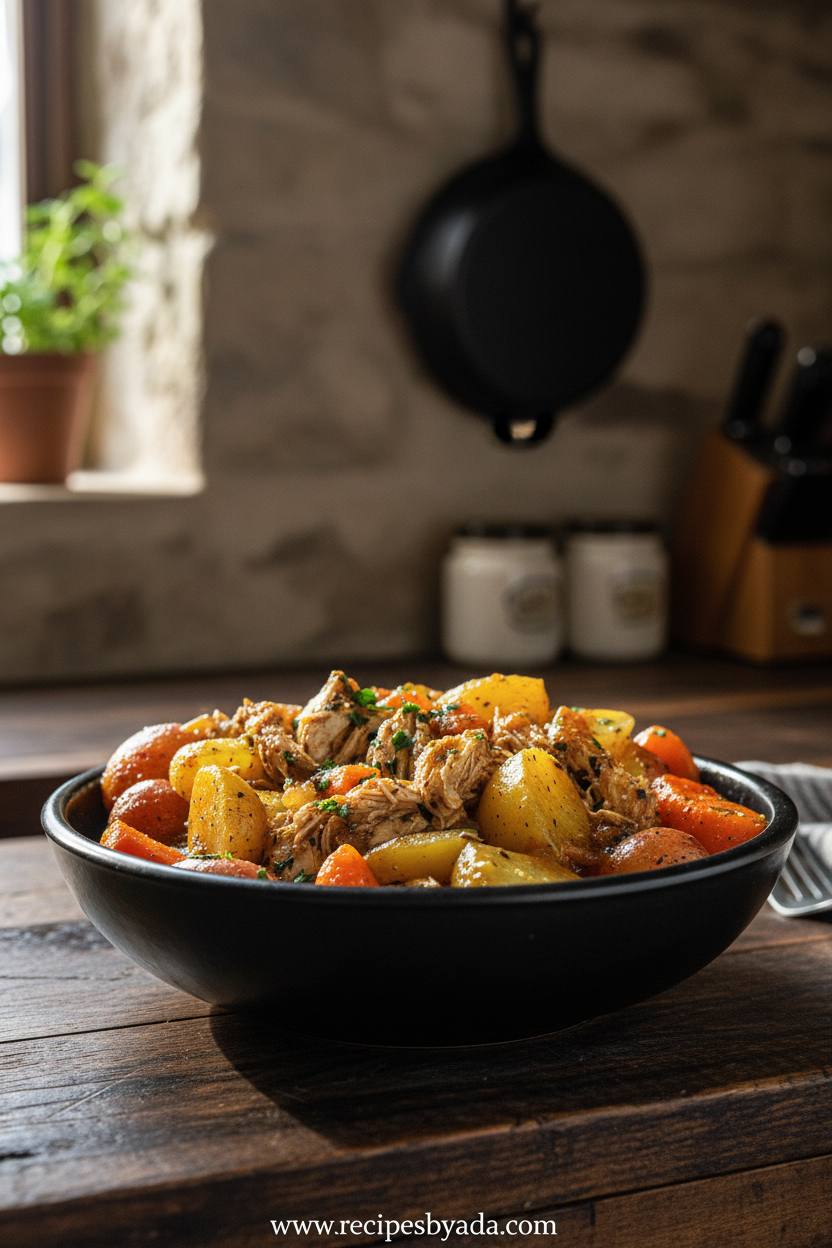 Crock pot garlic butter chicken with potatoes and carrots ready to serve