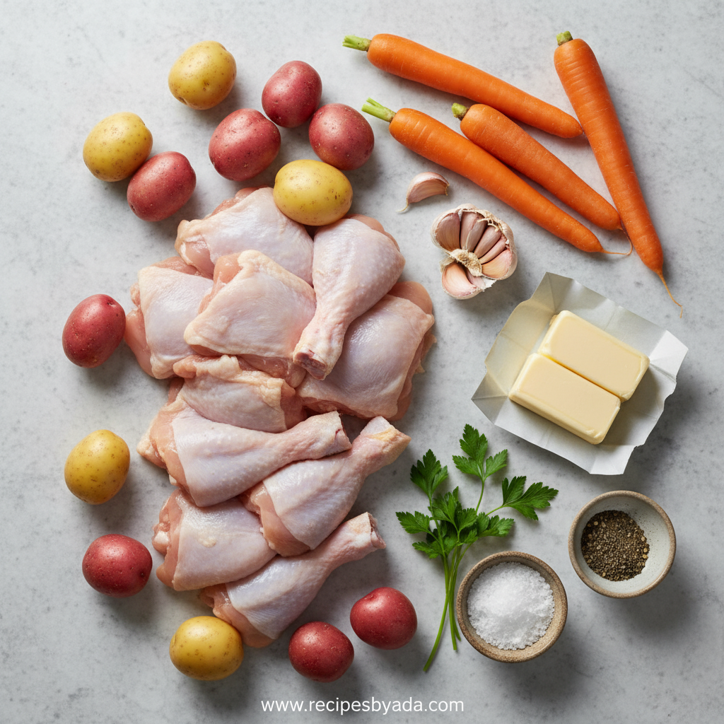 Ingredients for garlic butter chicken recipe including chicken, potatoes, carrots and seasonings