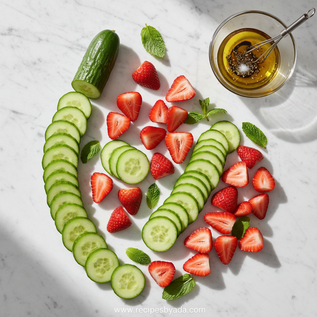 Fresh ingredients for cucumber strawberry salad