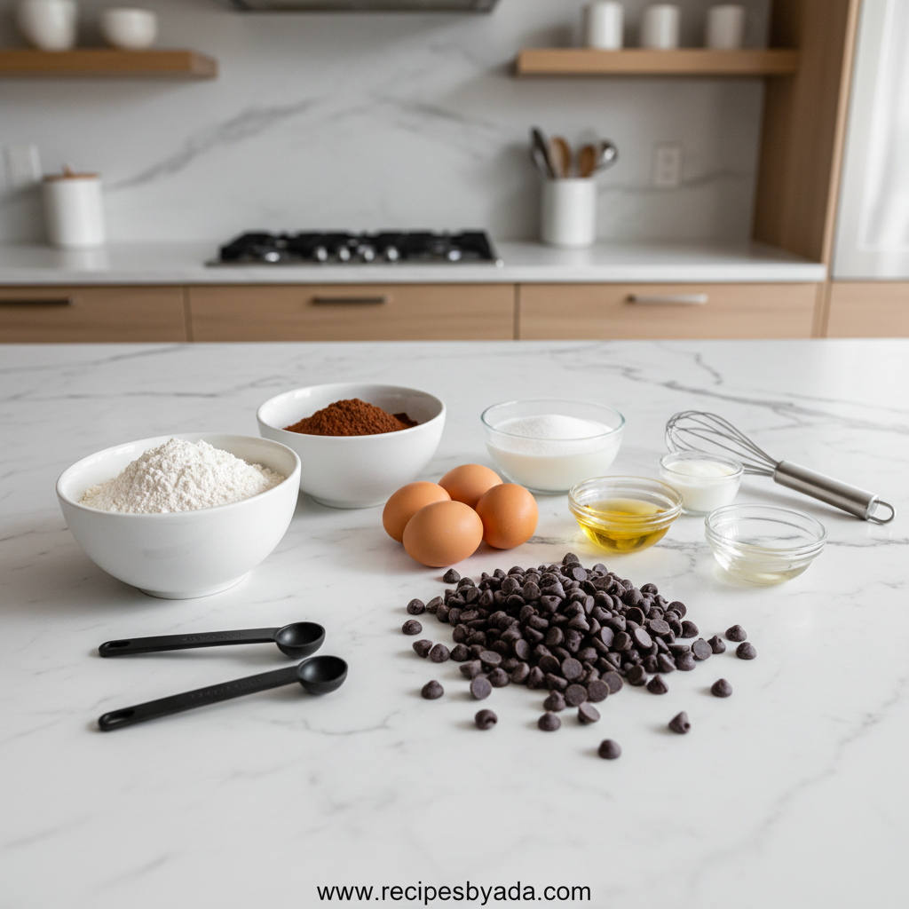 Ingredients for dark chocolate sheet cake laid out beautifully