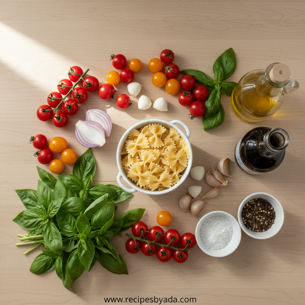 Fresh ingredients for halal bruschetta pasta salad