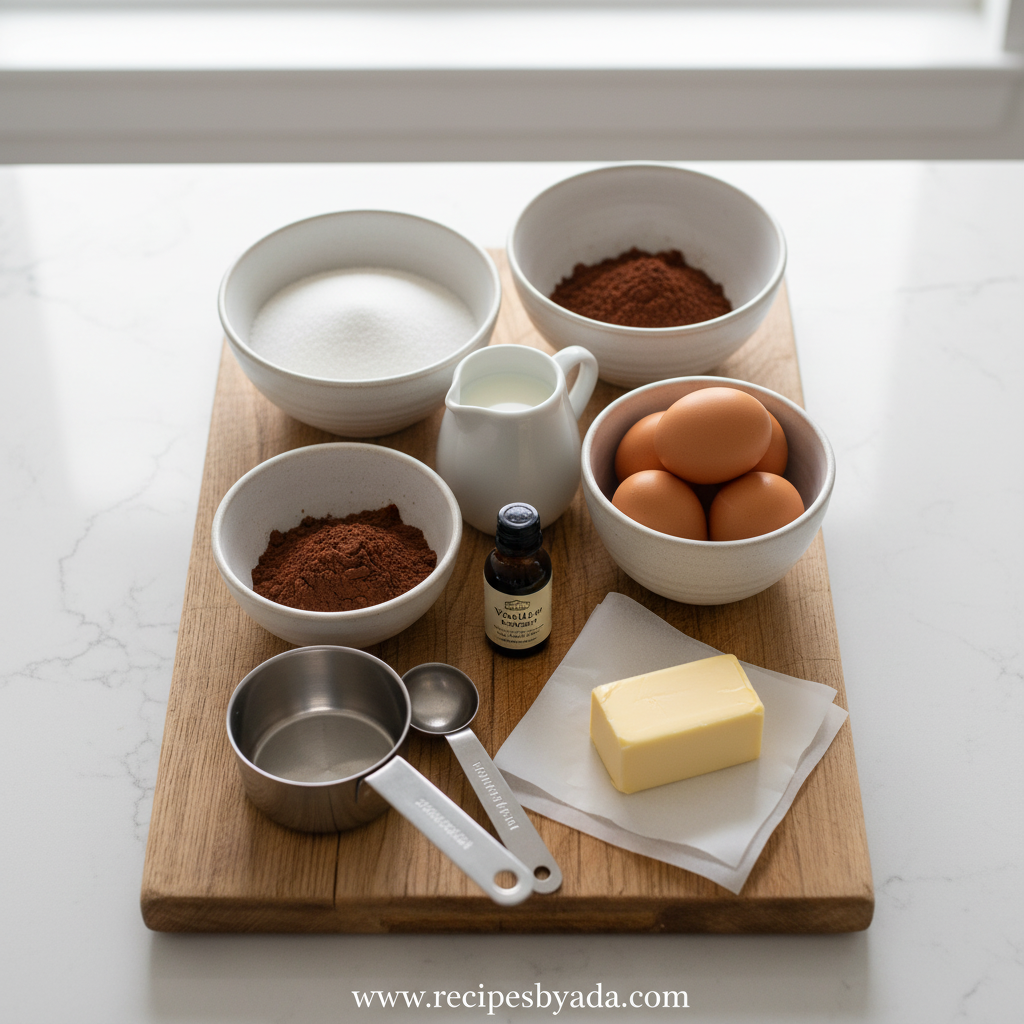 Ingredients for chocolate sheet cake laid out on counter