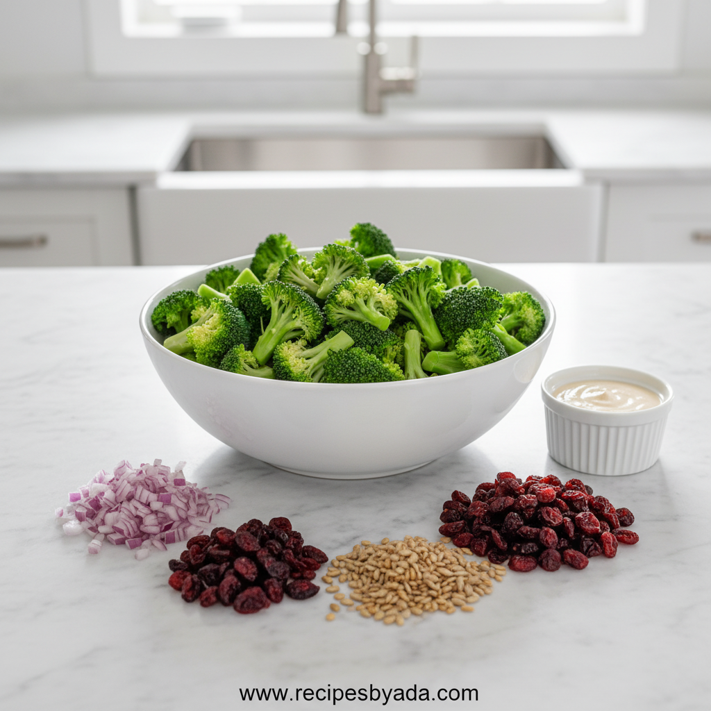 Broccoli salad ingredients arranged on counter