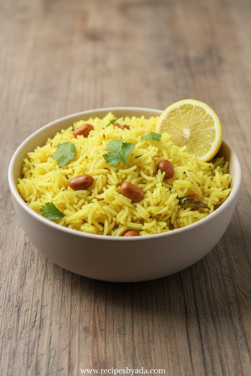 Golden South Indian lemon rice with peanuts and spices