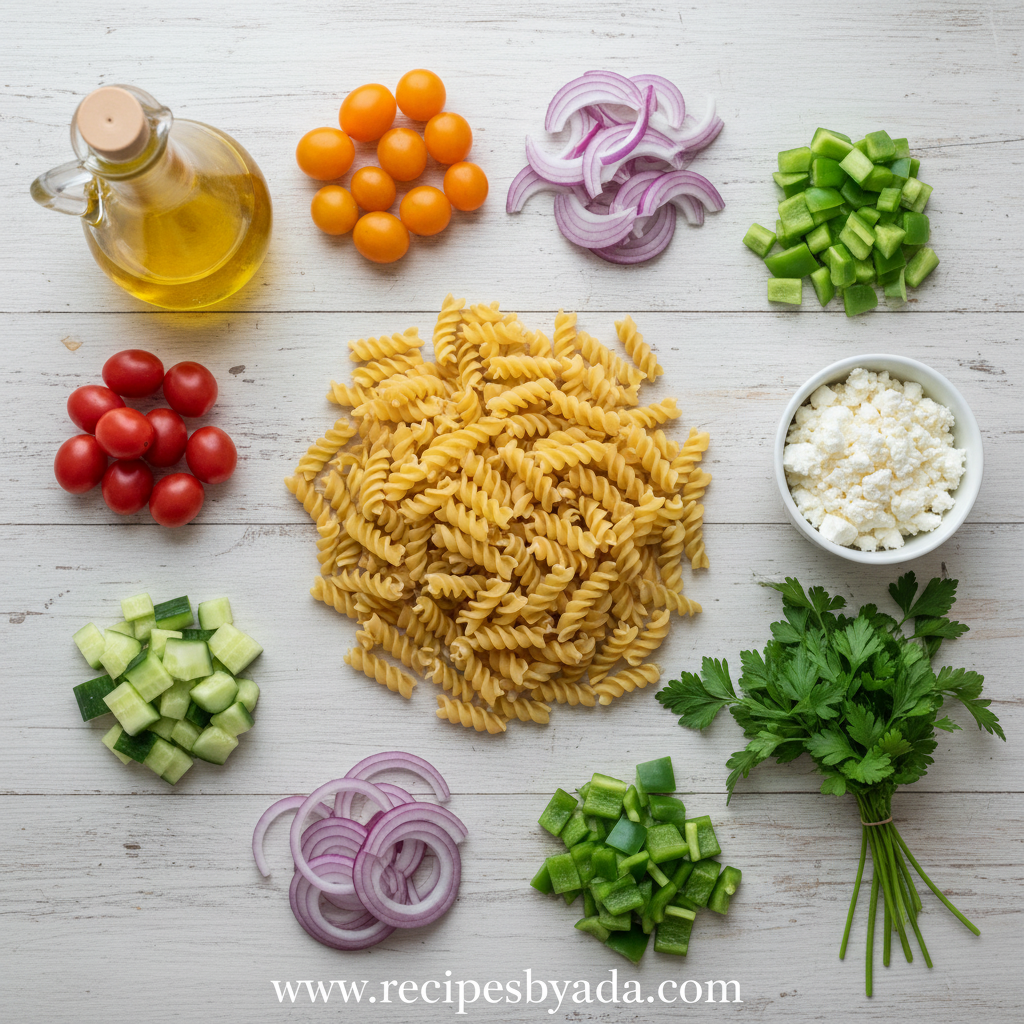 Fresh ingredients for pasta salad including tomatoes, basil, pasta, olive oil, and vegetables