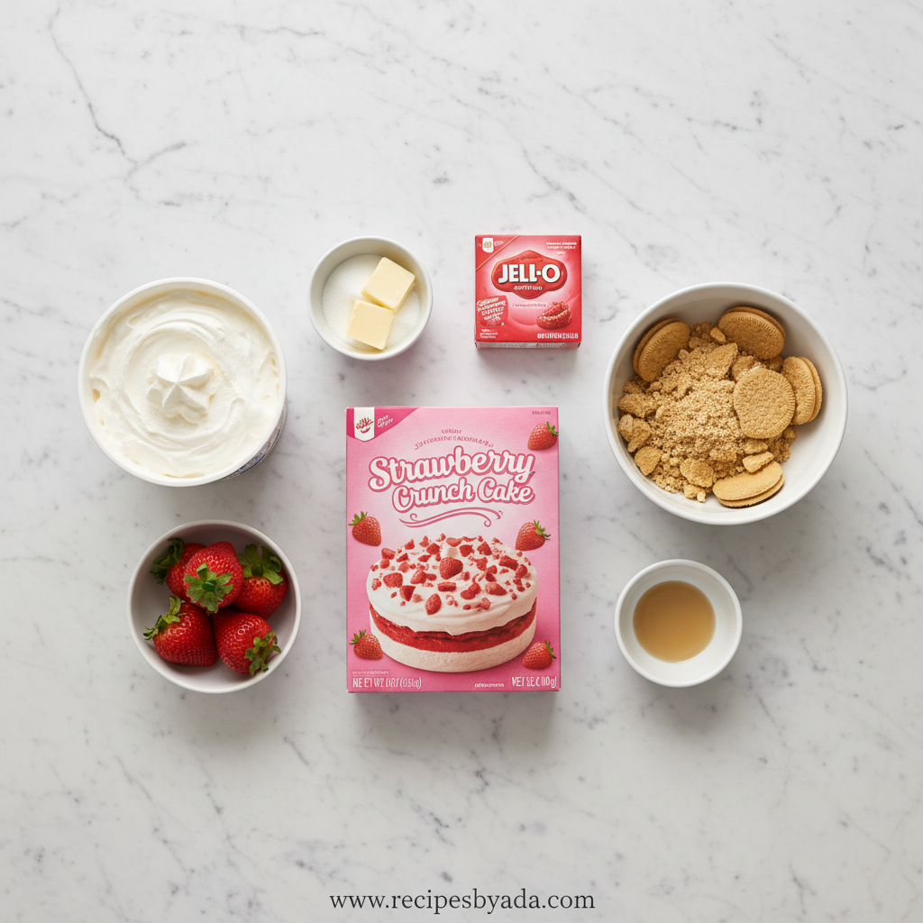 Ingredients for strawberry crunch cake including flour, sugar, strawberries, and cookies