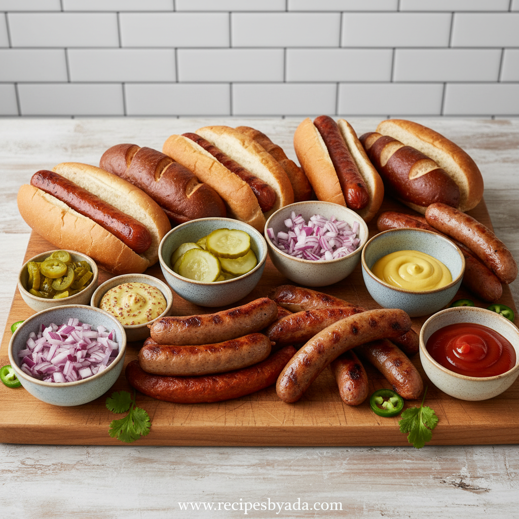 Assorted hot dog bar ingredients and toppings arranged beautifully