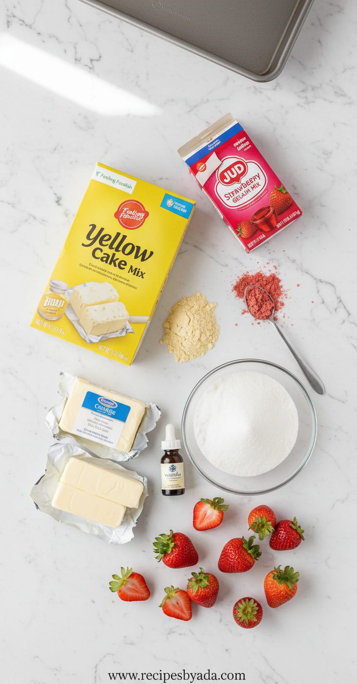Ingredients for strawberry crunch cake arranged on counter